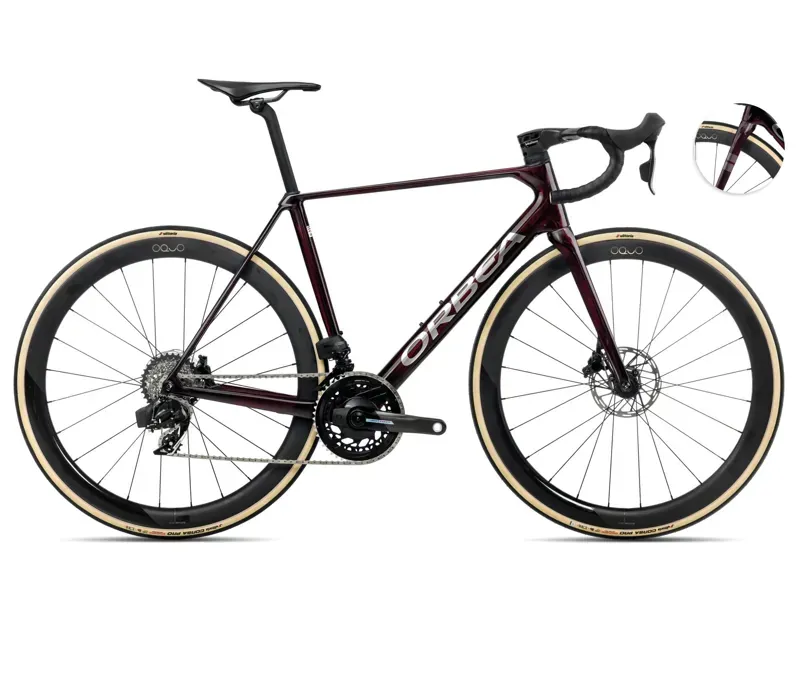 Orbea Orca M21eLtd PWR Road Bike In Wine Red/Titanium Gloss