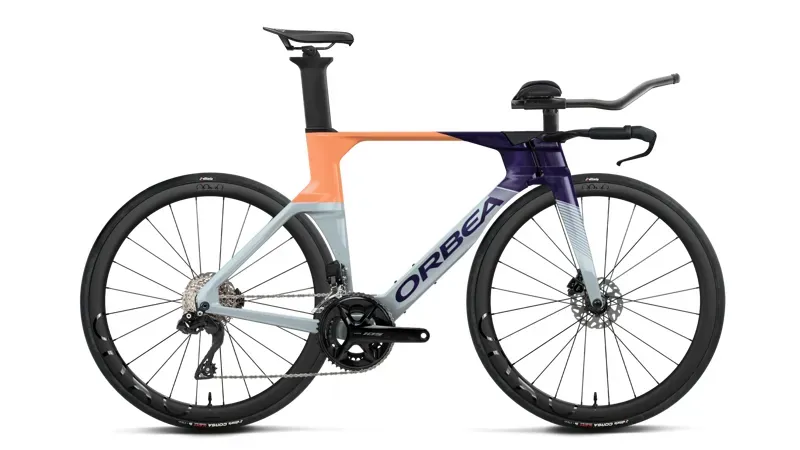 Orbea ORDU M30i LTD Triathlon Bike in Halo Silver - Tanzanite C.View - Orange Cloud